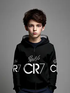 Boys Cr7 Signature Zip Letter Print Hoodie, Soft Comfortable Casual Fitted Sweatshirt, Fall & Winter Fashion