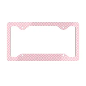 Pink Checkered License Plate Frame – Aluminum Car Decor