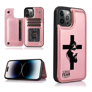 Unique  Creative Trendy Jesus Cross Pattern Bible Quotes God Bless You Christianity  Holder Wallet Aesthetic Pattern Pink Casing For iphone 16 15 14 13 12 PRO PLUS MAX PU Leather Stylish Gift Shockproof Protection Anti-Drop Protective Protector Phone Case