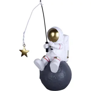 Lonely Astronaut Figurine - Fishing  the Moon  Statue, Space Themed Desktop & Shelf Decor,  Cake Topper