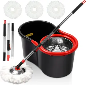 Spin Mop and Bucket with Wringer Set 360° Spinning Mop Bucket System 3 Microfiber Heads 51" Adjustable Handle for Floor Cleaning 15QT