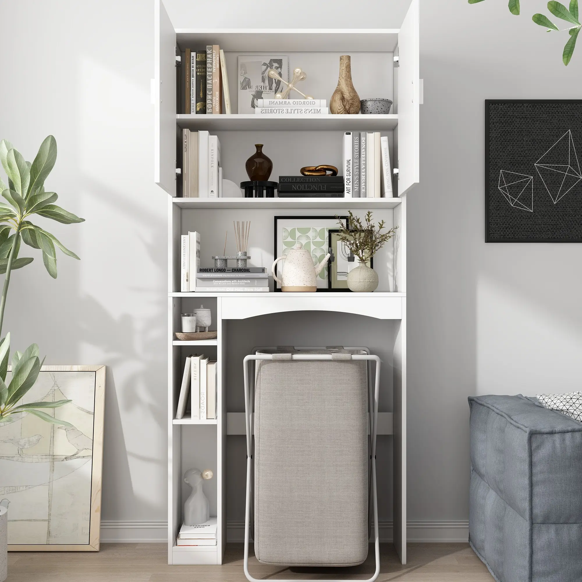 FUFU&GAGA Modern 70.9" Over the Washer Storage Cabinet, 6-Tier Laundry Organizer with Shelves, Doors & Detergent Holder for Laundry Room/Utility Room