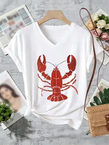 Women's V Neck Short Sleeve T-Shirt, Lobster Print, Casual Streetwear, Simple Style, Spring Summer Top, Women's Clothing