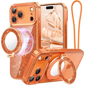iPhone 17 Pro Max Magnetic Crystal Cover, Smartphone-Cellphone Protector Kit with Removable Ring Stand, Glitter Card, Wrist Strap, Built-in Mirror, Orange (Sports & Outdoor Accessory)
