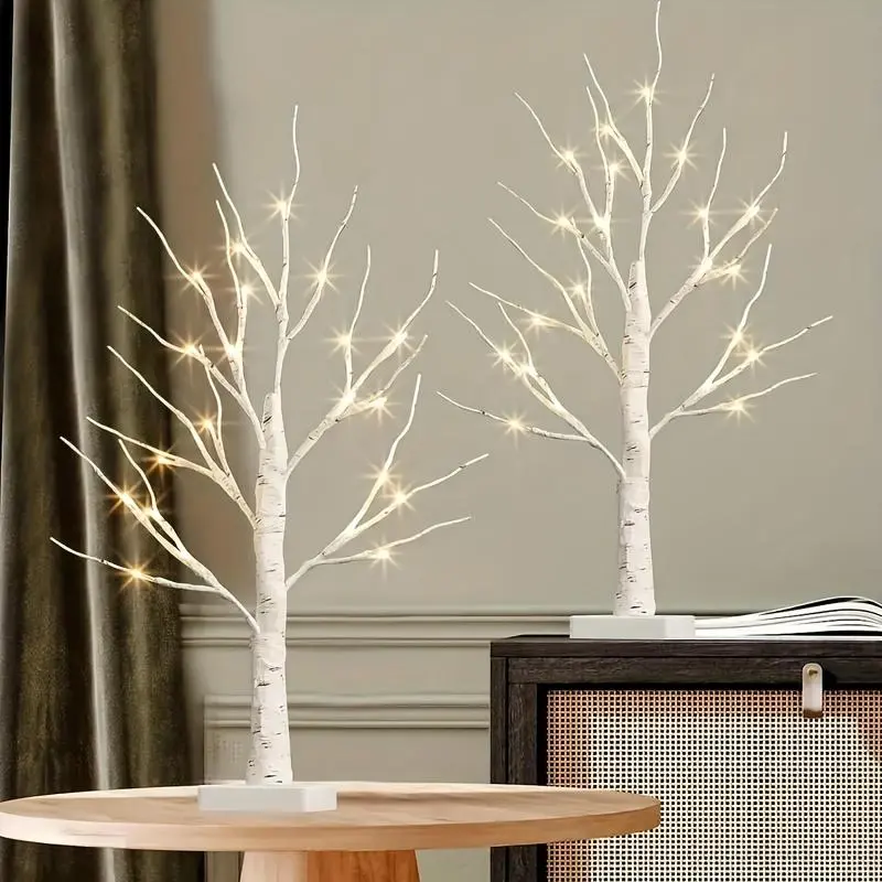 2Pcs LED Lighted Artificial Birch Tree, Battery Operated Pre-assembled Light Up Tree Branches, Desktop Centerpieces Decor for Wedding, Birthday Party, Valentine’s Day, Living Room, Garden & Office Desktop