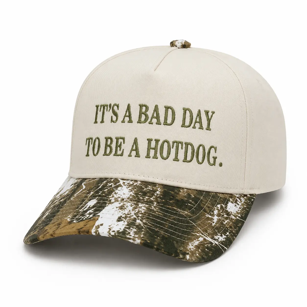 Unisex Embroidered "It's A Bad Day To Be A Hotdog" Trucker Hat - Camo Brim, Neutral Camo Print, Statement Style, Humorous Badge Outdoor Cap, Trucker Hats, Statement Style Hats