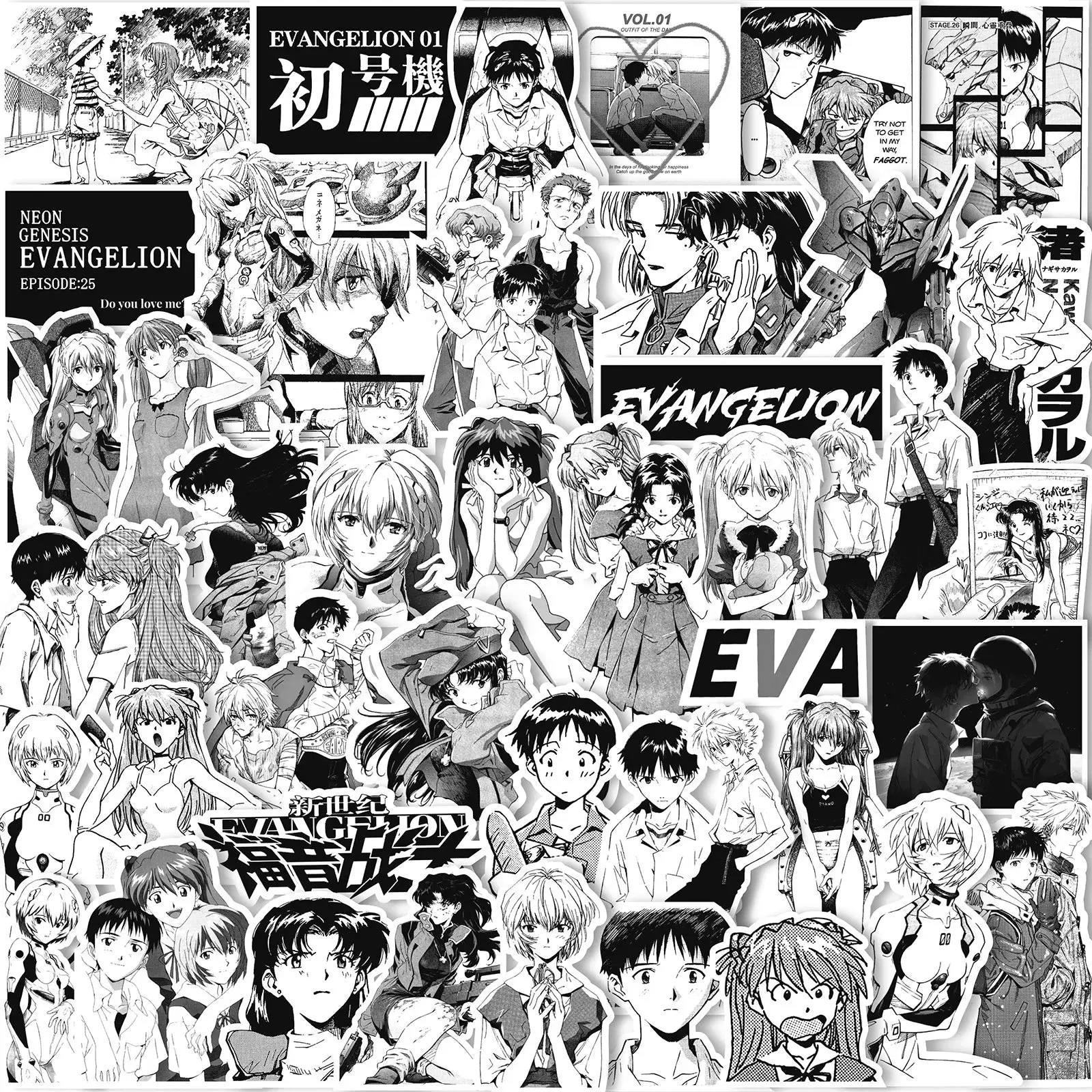 70/75/145PCS Black and White Sketch Neon Genesis Evangelion Stickers