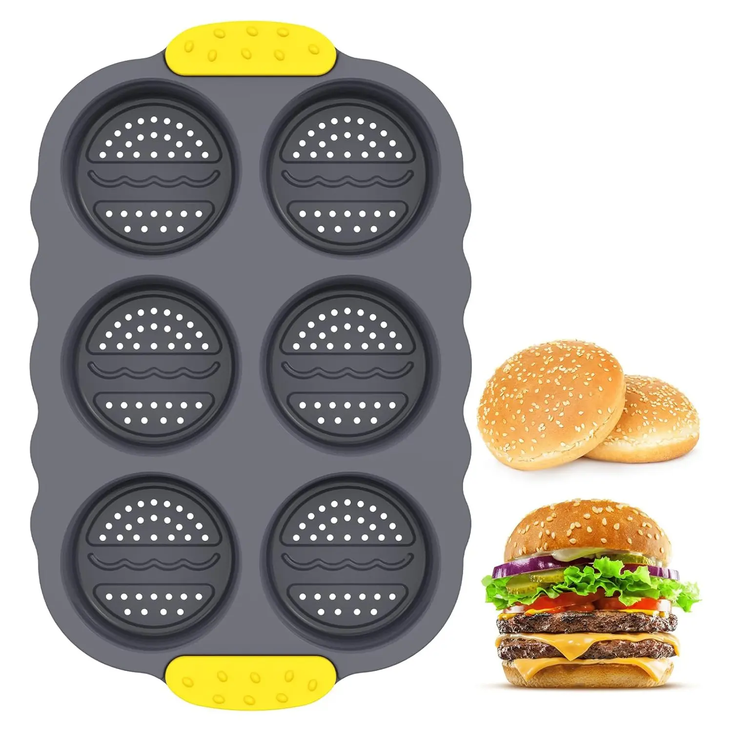 Hamburger Bun Mold, Silicone Baking Molds, Baking Pans Nonstick & Heat Resistant, Flexible Silicone Homemade Hamburger Bread Mold,6 Cavity Silicone Pans Easy to Release
