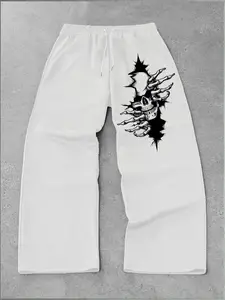 Y2K Streetwear Oversized Baggy Sweatpants with Skeleton Graphic Print - High Waisted Grunge Aesthetic Wide Leg Joggers for Unisex Urban Street Outfit