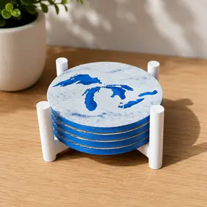 Great Lakes Drink Coaster Set – 4pc with Holder, Cork Bottoms, Custom, Midwest Décor