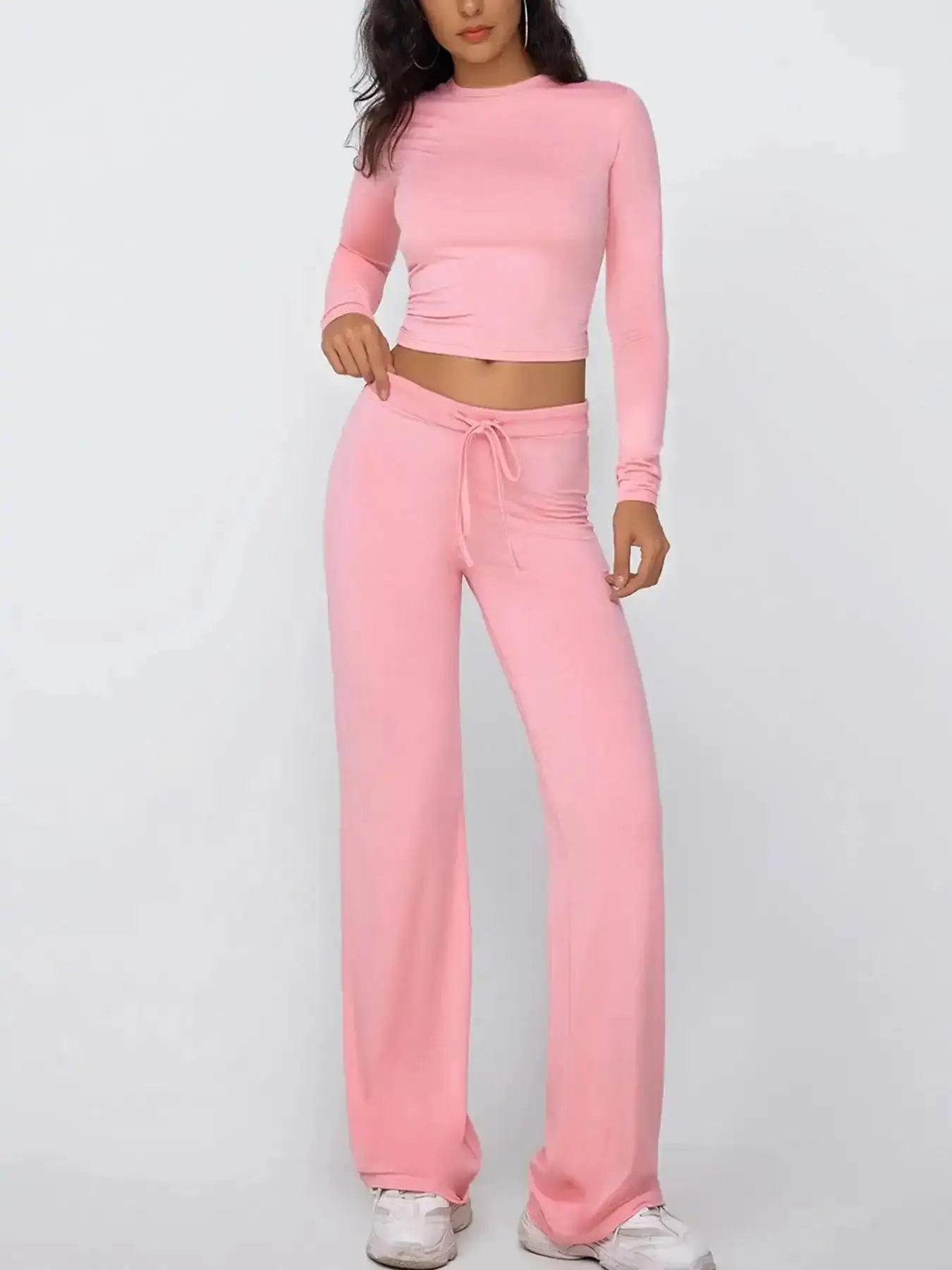 Women's Solid Long Sleeve Crop Top & Drawstring Waist Straight Leg Pants Loungewear Set, Casual Comfy Round Neck Trousers PJ Ladies Sleepwear for Summer Fall sophisticated effortless bottoms stylish