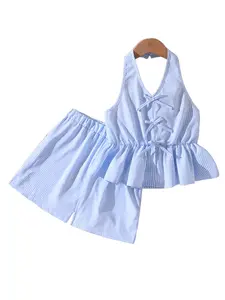 Girls 2 Piece Set with Striped Halter Neck and Bow Decoration, Sleeveless Top with Lace Hem, Elastic Waist Striped Shorts for Cute Style Striped Sets Summer clothing set