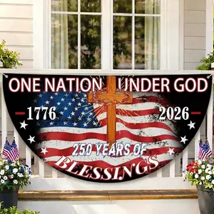 "1 Nation Under God 250 Years Of Blessings Semicircle Bunting Banner, Weatherproof Polyester Fabric Flag, Patriotic Christian USA 1776-2026 Decoration for 4th Of July Independence Day Outdoor/Indoors Porch Fence"