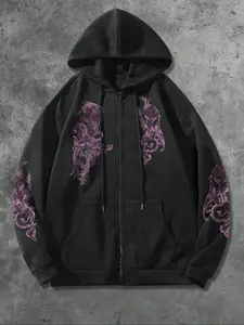 Unisex Zip-Up Long Hoodie Sweatshirts with Geometric Print, Casual Fitted Design, Comfortable All-Season Fashion Outerwear, Perfect Layering Piece