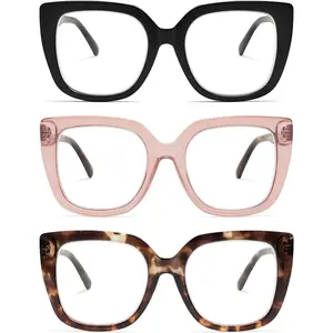 3-Pack Retro Oversized Square Reading Glasses for Women Large Stylish Blue Light Blocking Readers AM6072