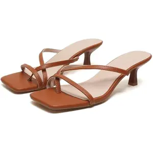 Womens Square Toe Kitten Heels Strappy Thong Sandals Chic Low Heel Summer Dress Shoes
