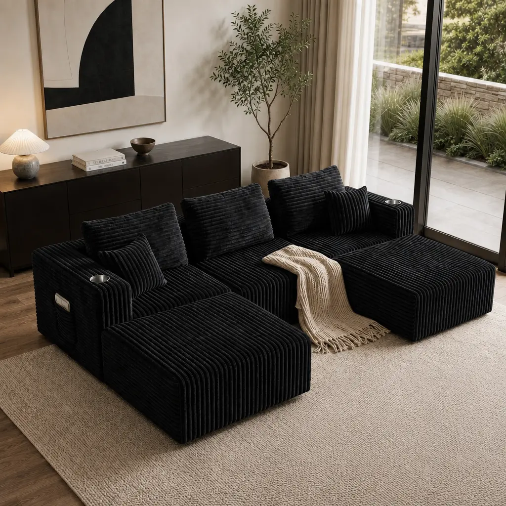Ships in 2 Boxes | Plush Corduroy Modular Boneless Sofa, Available in 104" & 70", Extra Deep Seat, No Assembly Needed, Armrests with Cup Holders & Side Storage Pockets