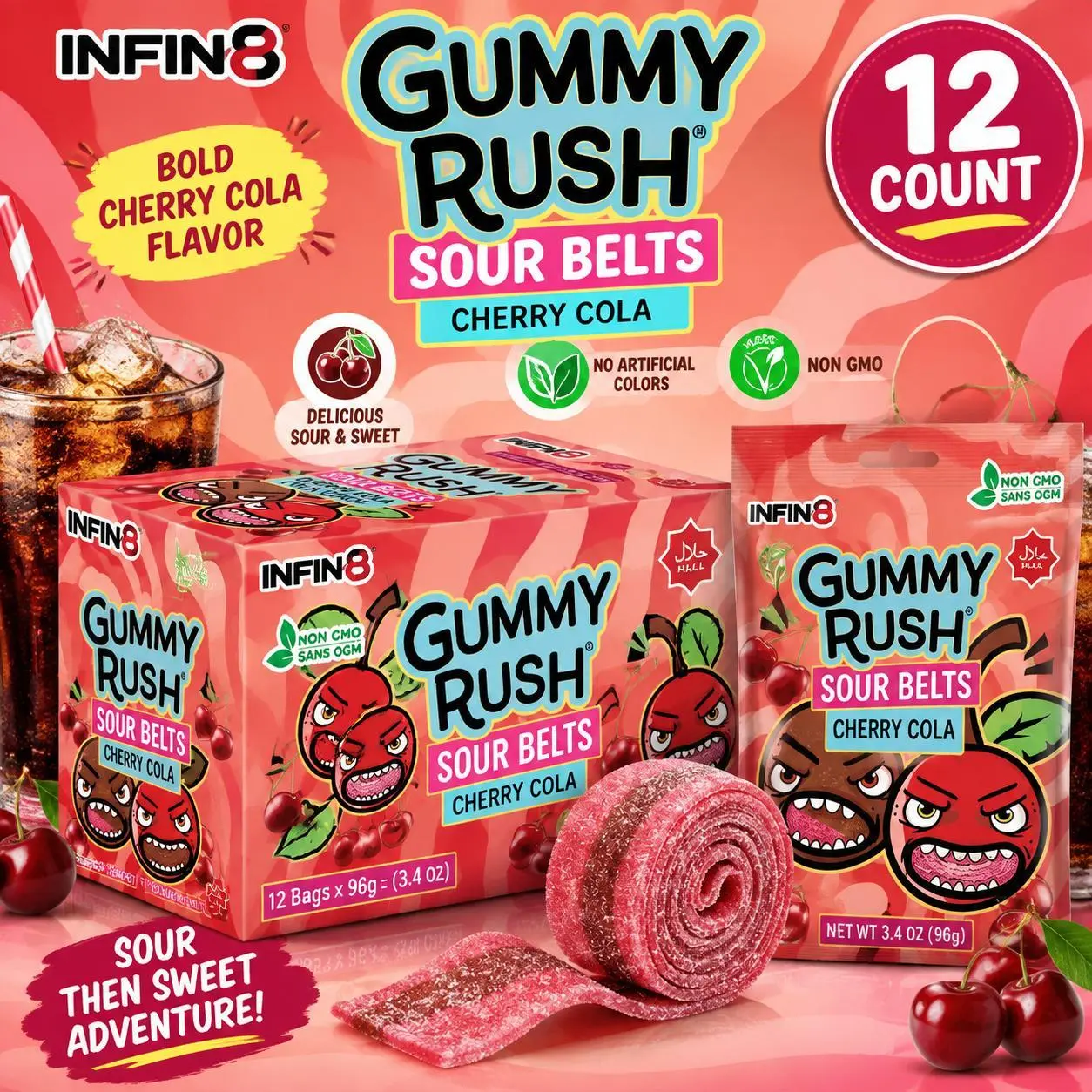 INFIN8Gummy Rush Sour Belts Cherry Cola 3.4oz Peg Bag 12ct
