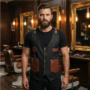 Traditional Lightweight Denim Barber Vest with Leather Accents | Brown | Professional Barber Apron