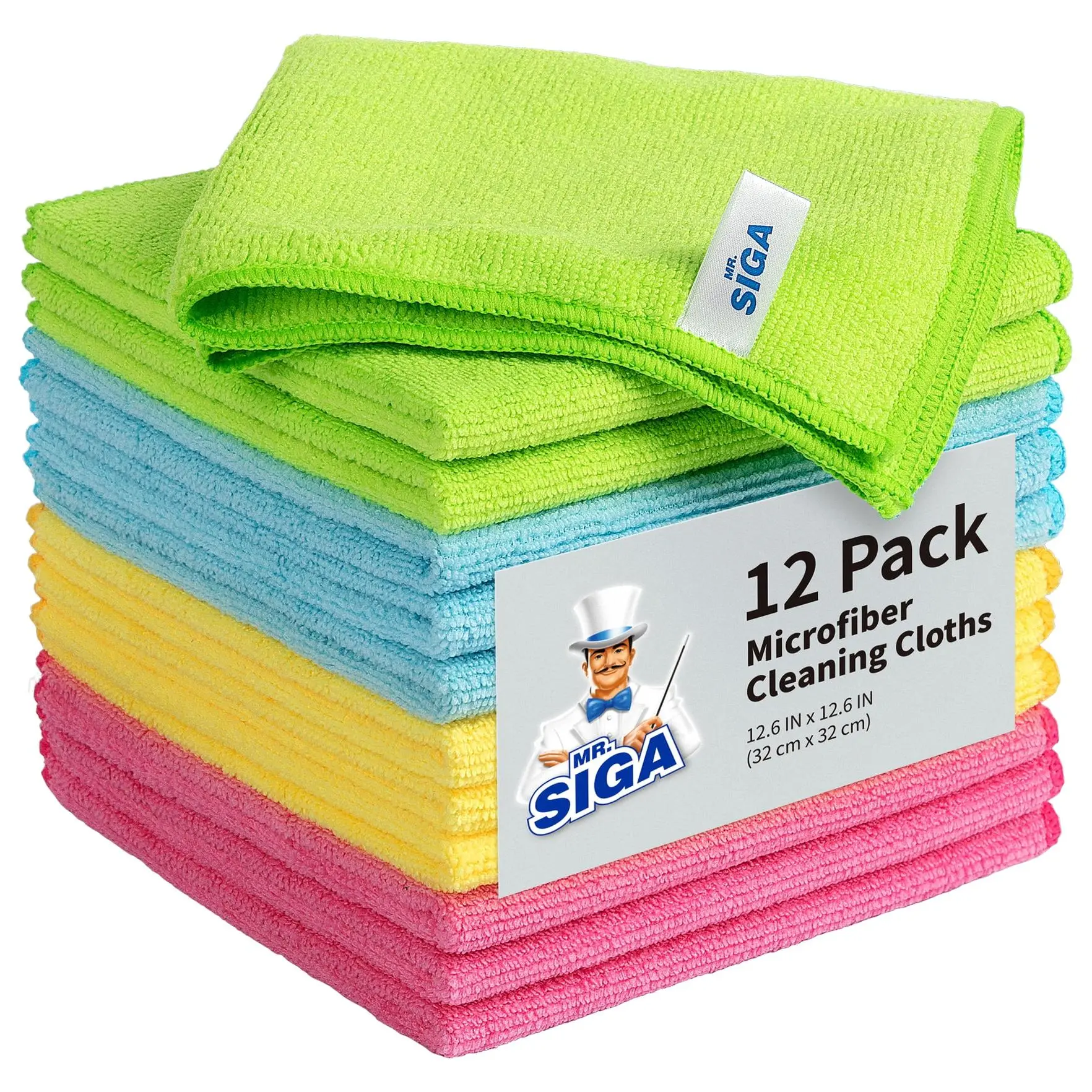 MR.SIGA Reusable Multi-Purpose Absorbent Nylon Microfiber Cleaning Cloths, 12-Pack 12.6"x12.6" Variety Pack Towels with High Quality Stitching, Long-Lasting for Kitchen & Car Cleaning