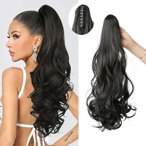 Elegant Women's Claw Clip Ponytail Extension - 24 Inches Long, Natural Wavy Hair, Effortless Style for a Chic Look