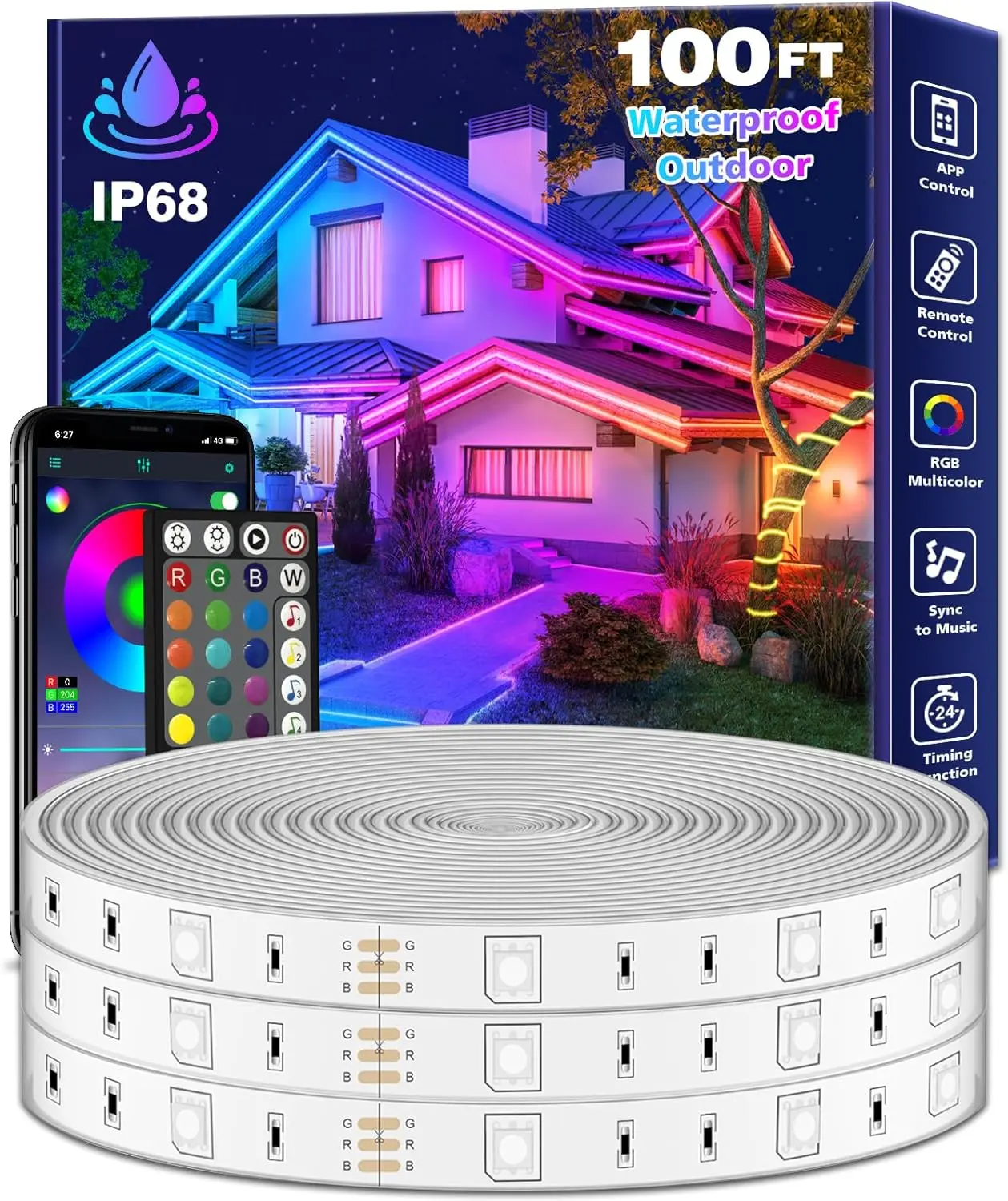100Ft Outdoor Waterproof LED Strip Lights,Music Sync RGB IP65 Led Lights with App Control and Remote,Color Changing Waterproof Led Rope Lights for Outdoor,Balcony,Roof,Garden,Stairs Party