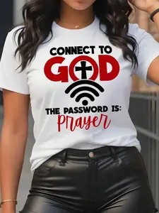 Women's Letter & Cross Print Round Neck Tee,Casual Short Sleeve Crew Neck crew neck  T-shirt for Summer, Fashion Women's Top for Daily Wear, T Shirts for Women Cotton Womenswear