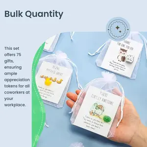 Set of 75 Inspirational Pocket Favors | Employee Appreciation Gifts Bulk | Coworker Thank You Tokens with Animal Pun Cards | Cute Resin Ducks, Turtles, Owls, Whales & Stars