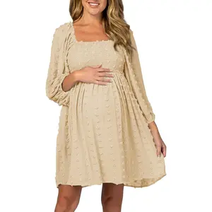 Imily Bela Women's Maternity Dress - Square Neck, Long Sleeve, Swiss Dot Design, Casual Loose Fit - Maternity Clothing, Pregnancy Clothes for Baby Shower