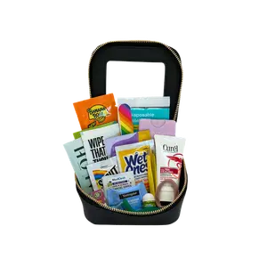 Girl on the Go Basics Kit - Perfect for your car or bag - Our compact size contains individual deo, tush, and hand wipes, wet ones, hand sanitizer, tweezers, lotion, flossers, hair ties, and more! body skin care product