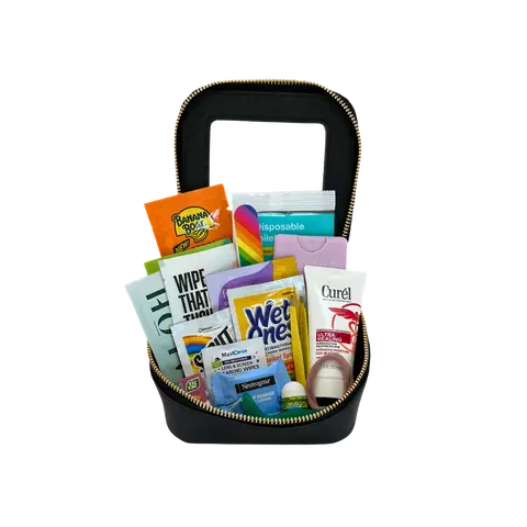 Girl on the Go Basics Kit - Perfect for your car or bag - Our compact size contains individual deo, tush, and hand wipes, wet ones, hand sanitizer, tweezers, lotion, flossers, hair ties, and more! body skin care product