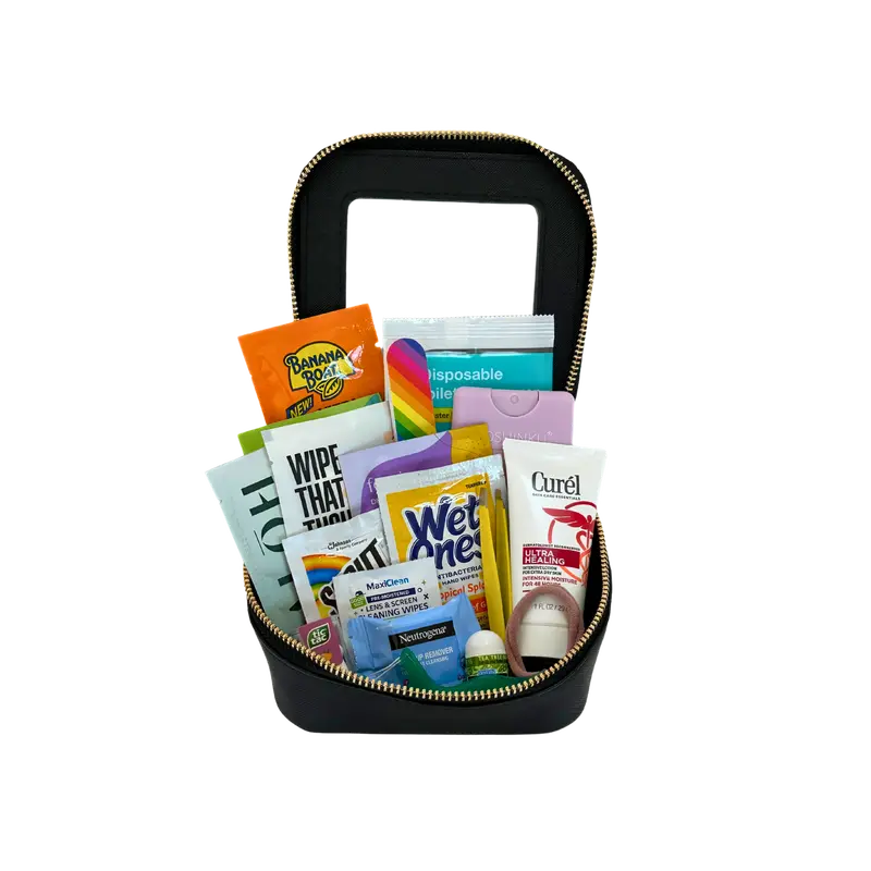 Girl on the Go Basics Kit - Perfect for your car or bag - Our compact size contains individual deo, tush, and hand wipes, wet ones, hand sanitizer, tweezers, lotion, flossers, hair ties, and more! body skin care product