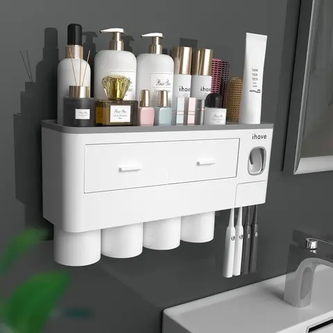 iHave Modern Waterproof Dustproof Toothbrush Holder Wall Mounted - Patented Adhesive Tape, Magnetic Cups, Automatic Dispenser, Large Tray, 2 Cosmetic Drawers, 2-Layer Durable Glossy Bathroom Organizer, Easy to Install, Removable Washable Parts