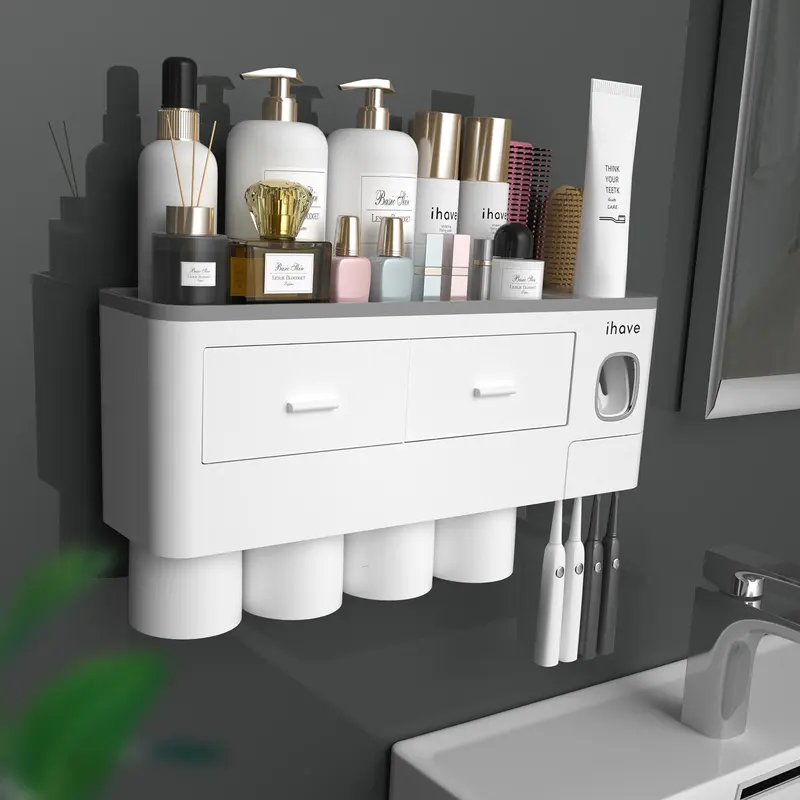 iHave Modern Waterproof Dustproof Toothbrush Holder Wall Mounted - Patented Adhesive Tape, Magnetic Cups, Automatic Dispenser, Large Tray, 2 Cosmetic Drawers, 2-Layer Durable Glossy Bathroom Organizer, Easy to Install, Removable Washable Parts