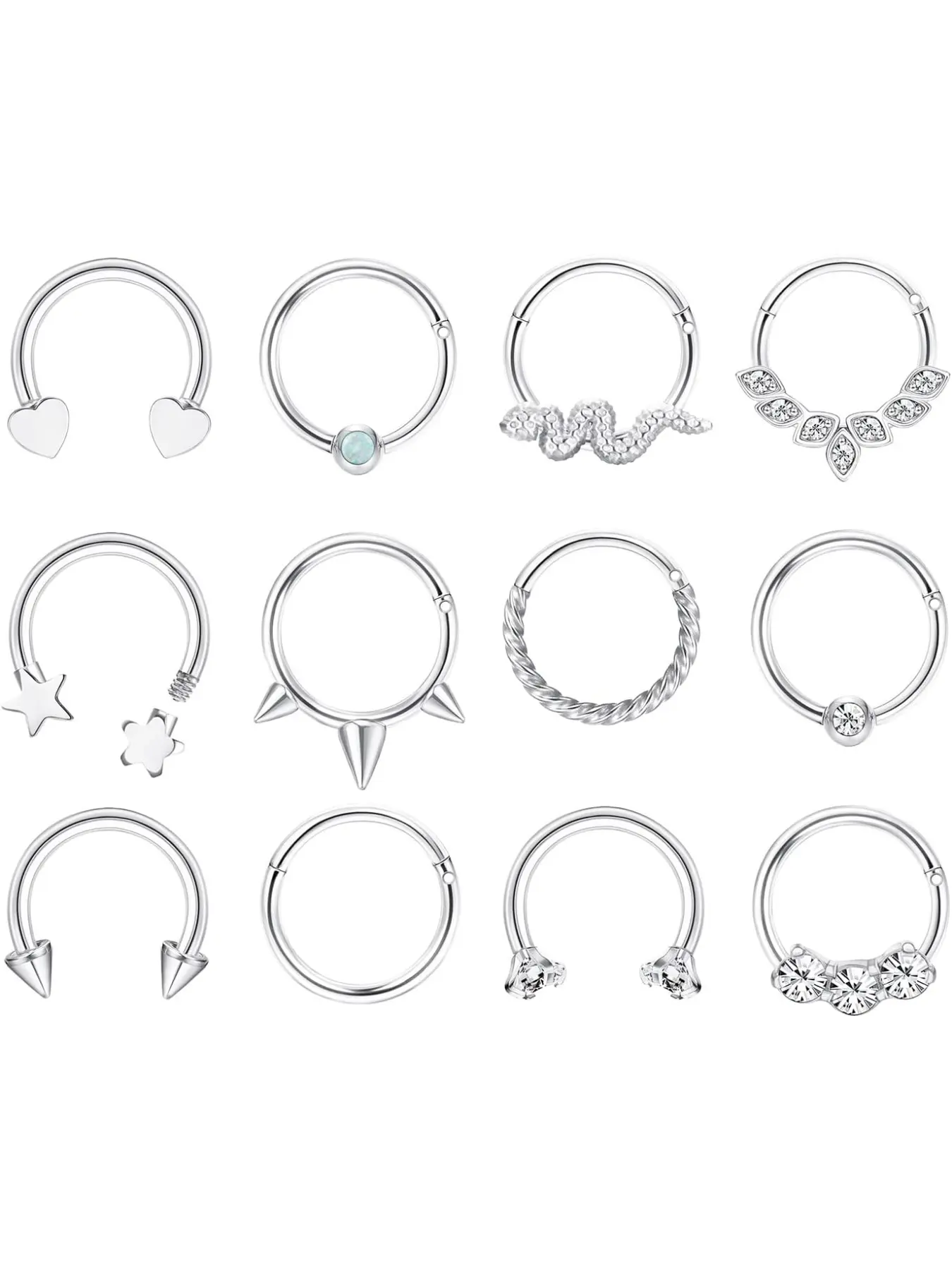 16G Nose Rings Horseshoe Piercing Stainless Steel Septum Clicker Hinged Hoop Silver Gold 8mm 10mm CZ Star Heart Cartilage Tragus Helix Daith Conch Ear Lip Piercing Jewellery For Women Nose Piercing Jewelry