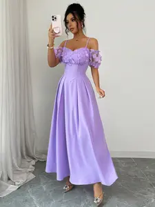 Women's Lace Floral Design Dress, Elegant Fitted Long Sleeveless Gown, Plain Contrast Mesh Pattern, Perfect for Casual Wear, Formal Wear, Flower, Womenswear