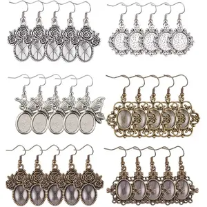 36 Sets Earrings Cabochon Kit - 36pcs 6 Style Earring Pendant Tray Bezel Cabochon Settings with Oval Transparent Glass Cabochons and Brass Earring Hooks (Antique Silver & Bronze)
