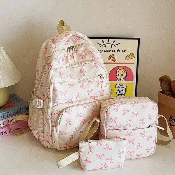 Girly Bow 3-Piece Backpack Set, Multi-Compartment Gym Backpack with Wide Pressure-Relief Shoulder Straps, Stylish Casual Sports & Outdoor Bag for School, Short Trips