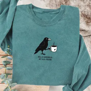 Raven Crow Coffee sweatshirt: Fall Halloween Long Sleeve Shirt, Hello Darkness My Old Friend Cute Bro and Coffee Cup Fall T-Shirt