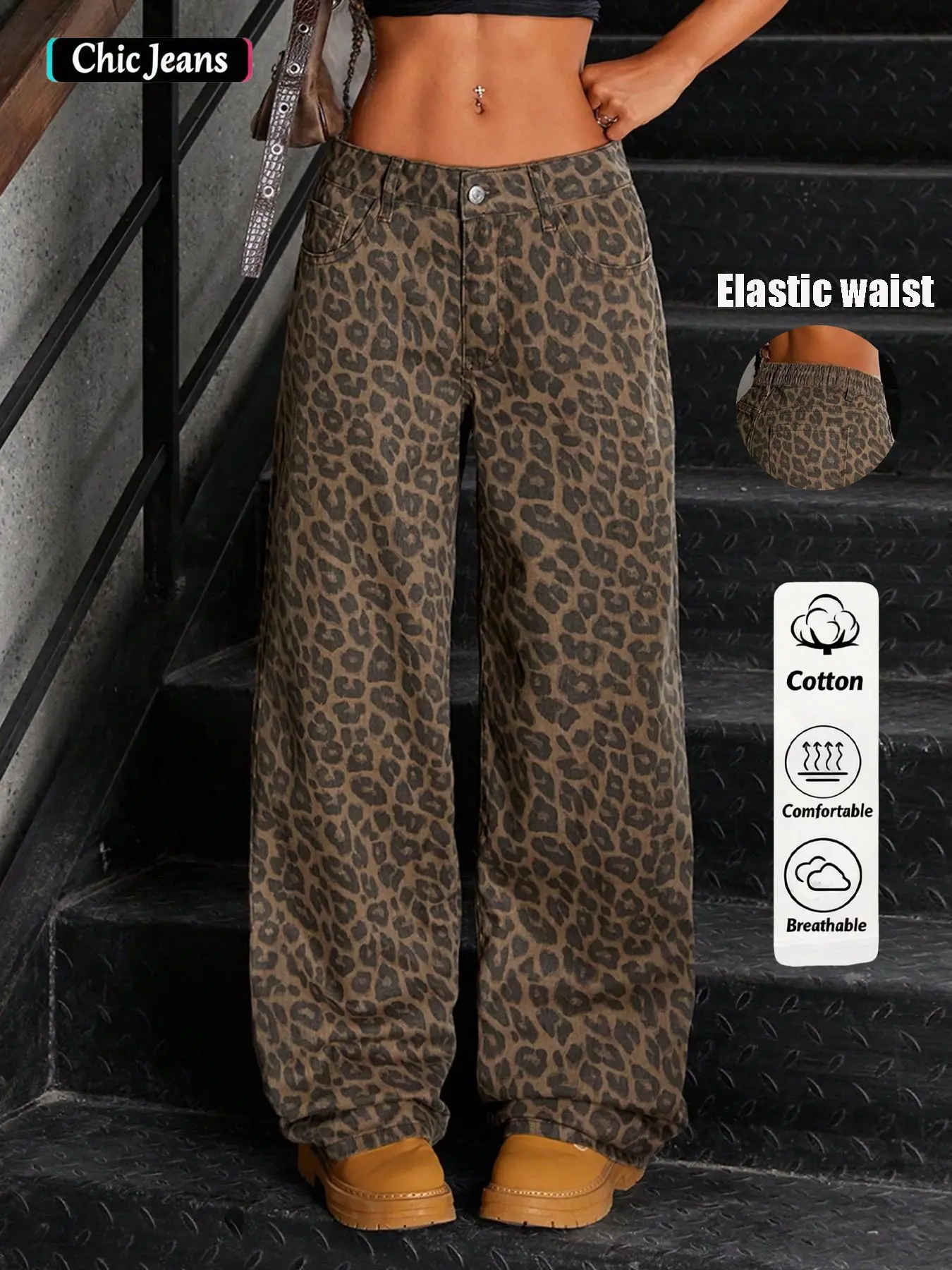 Women's Leopard Print Casual Wide Leg Pants, Elastic Waist, Mid-Waist Straight Leg, Slant Pocket Design, Loose Fit, Button Fly, Bohemian Trousers, Boho Casual Pants, Streetwear Pants, Chic Trousers