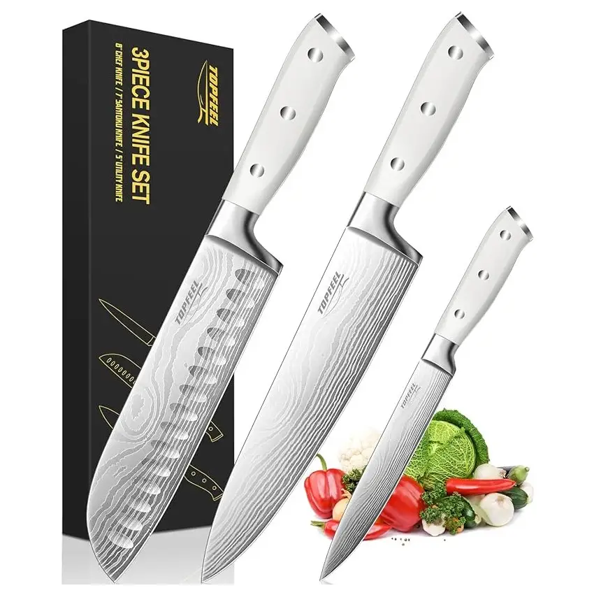 Topfeel 3PCS Professional Chef Knife Set, Ultra Sharp Japanese Kitchen Knife, German High Carbon Stainless Steel 8 inch chef's knives 7 inch Santoku K