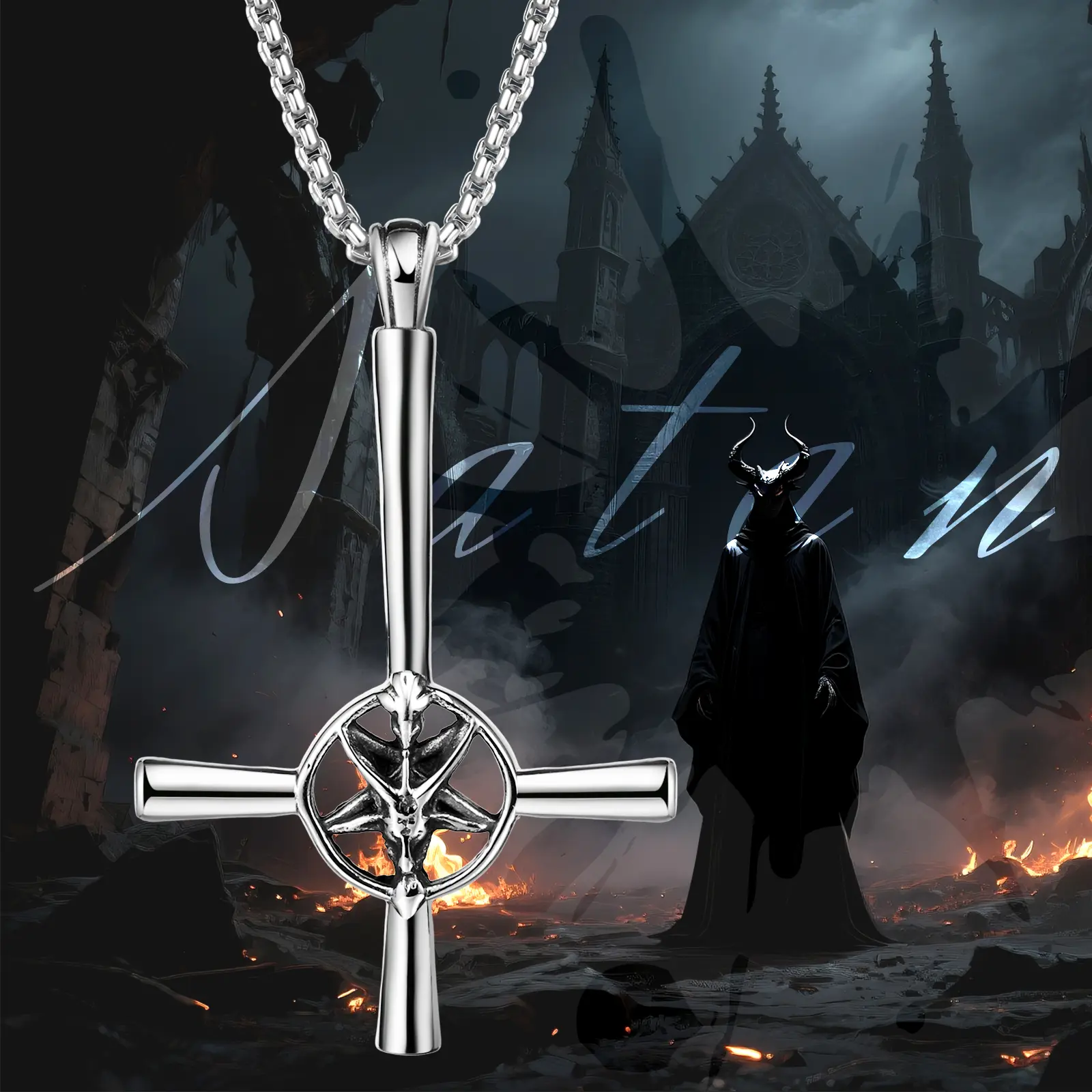OIDEA Satanic Inverted Cross Necklace - Stainless Steel Goat Head Pendant, Gothic Design Occult Jewelry with Pentagram, Baphomet Symbol Religious Amulet for Menfolk