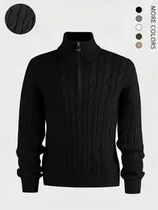 Men's Solid Zip-Up Chunky Cable Knit Sweater, Regular Fit Casual Long Sleeve Stand Collar Jumper for Fall & Winter, Men's Knitwear for Daily Wear