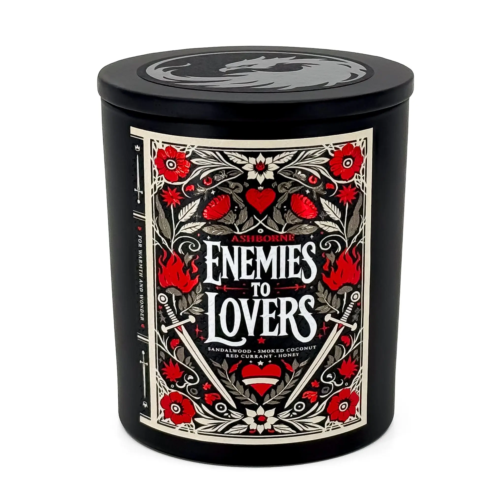 Enemies to Lovers - 8oz Scented Candle - Sandalwood, Smoked Coconut, Red Currant, Honey - Natural Coconut Wax - 35 h Burn Time - Fantasy Romance Decor