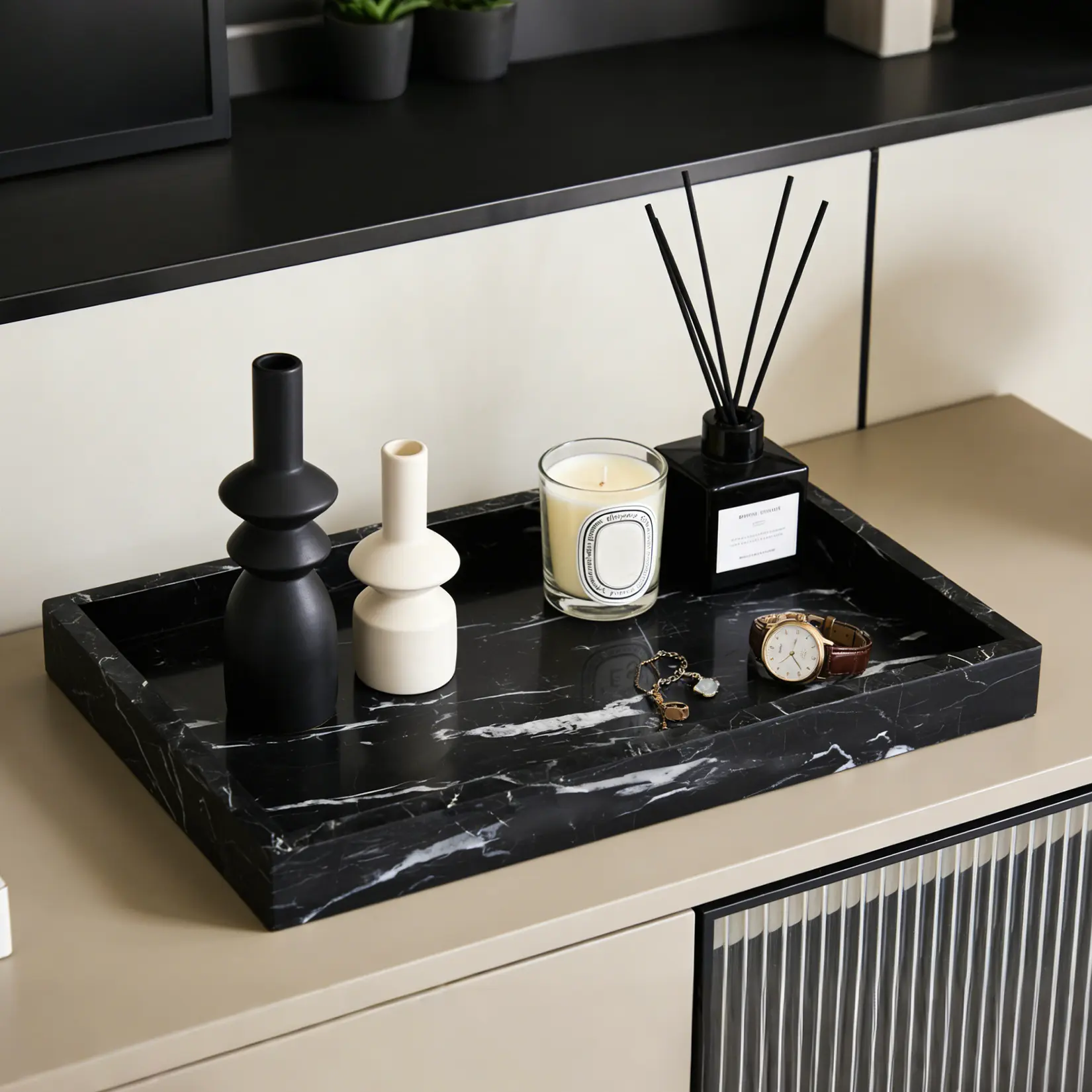 Natural Marble Stone Tray for Bathroom, Rectangular Vanity Serving Tray with Non Slip Mats, Easy Cleaning for Kitchen Bath Dresser