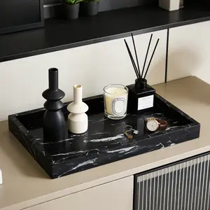 Natural Marble Stone Tray for Bathroom, Rectangular Vanity Serving Tray with Non Slip Mats, Easy Cleaning for Kitchen Bath Dresser
