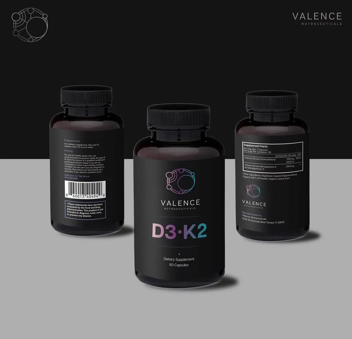 Valence Nutraceuticals D3•K2 Premium Vitamin D3 125 mcg 5000 IU & K2 550 mcg with MCT Oil for Bone Heart & Immune Support