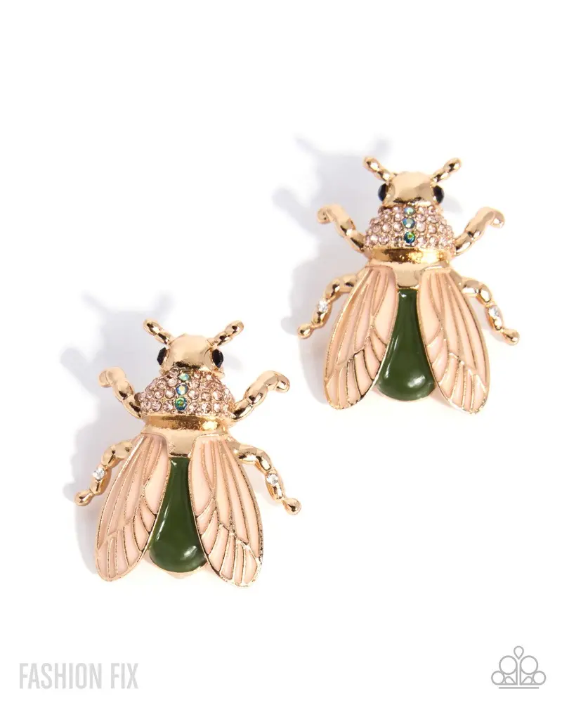 Creative Novelty - Multi Golden Shadow Black Multicolored Iridescent Rhinestone Gold Beetle Pendant Olive Body Peach Wings Post Earrings