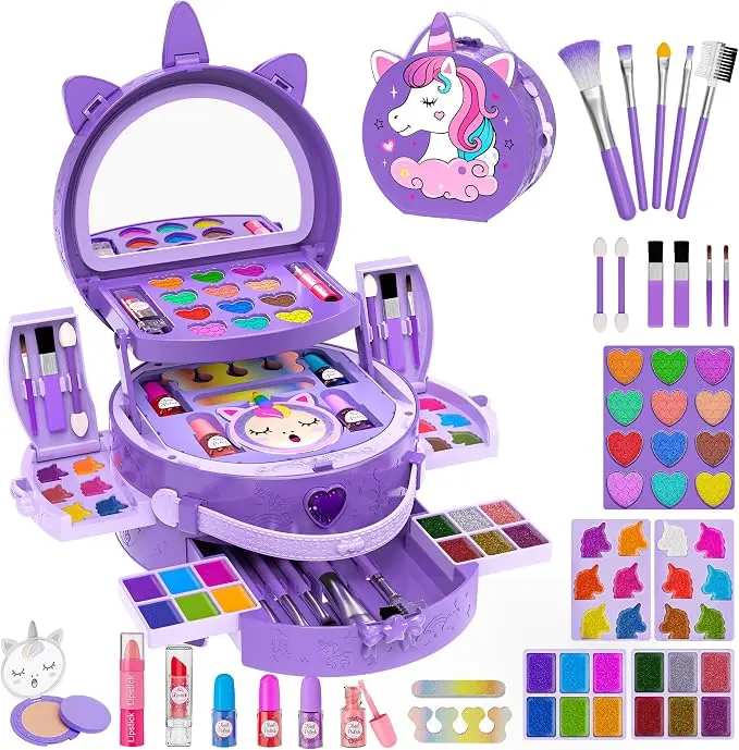 Halloween fall Gift 59 Pcs Kids Makeup Kit for Girls, Real Washable Toddler Makeup Set with Mirror, Princess Pretend Play Cosmetic Vanity Case Toy, Birthday Gifts for 3 4 5 6 7 8 9 10+ Year Old Girls Kids