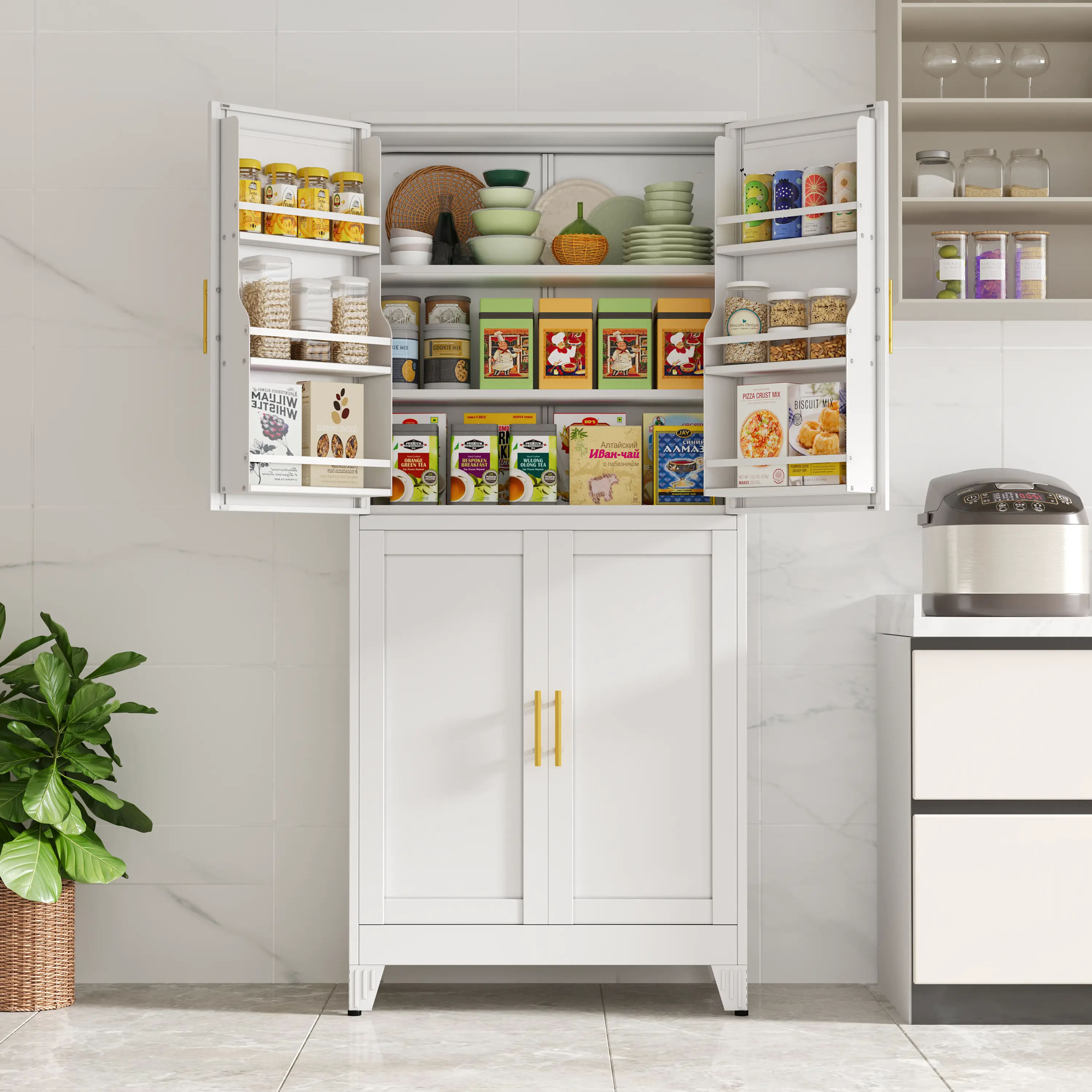 74.8" Tall Metal Food Cabinet, White Kitchen Pantry Cabinet, Storage Cabinets with 4 Door and 4 Adjustable Shelves, Steel Freestanding Cupboard for Kitchen Dining Room Living Room Bathroom